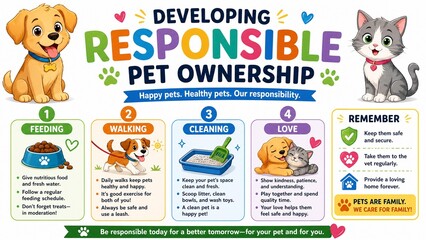 Fototapeta premium Responsible Pet Ownership Educational Infographic with Cute Dog and Cat Illustration