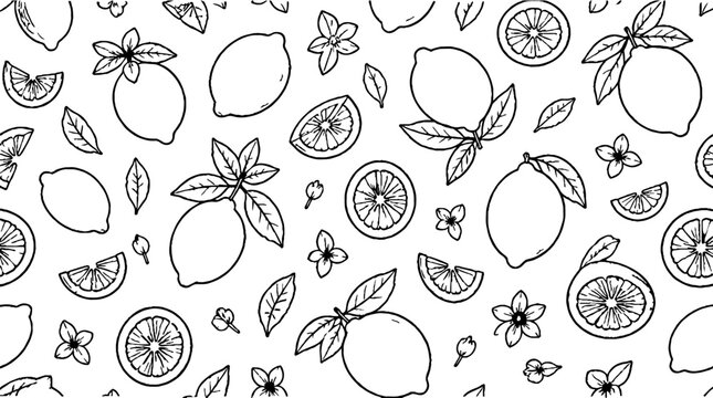Hand drawn citrus fruits and leaves pattern design.