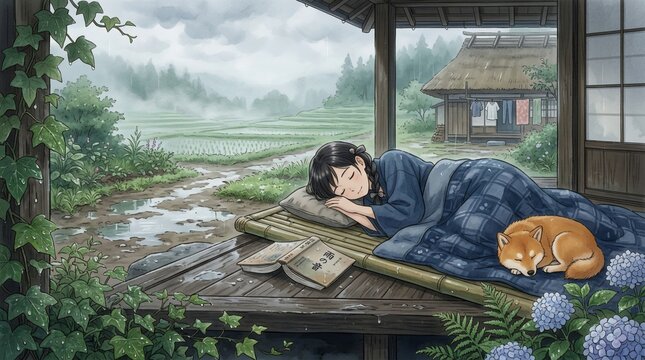 Woman and cat sleeping on a traditional japanese tatami mat
