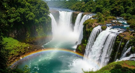 Fototapeta premium Aerial View of a Cascading Waterfall with Rainbow and Lush Green Surroundings