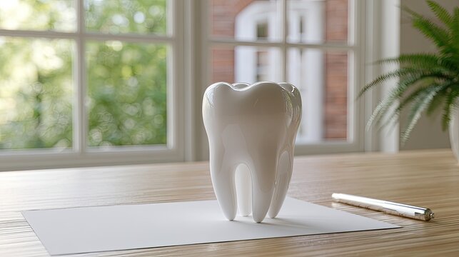 A large, perfect white tooth sits on a desk with a pen and paper