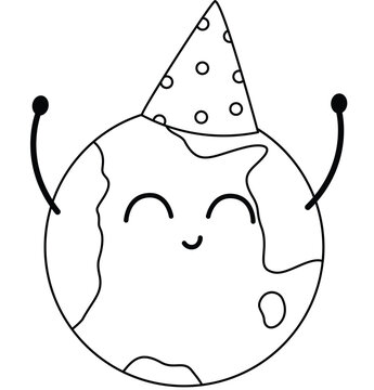 Happy cartoon Earth wearing party hat. Smiling face with simple, cute design. Great for birthday, environmental, or celebration themes