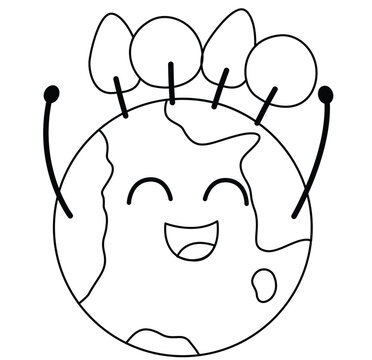 Happy cartoon Earth with smiling face and plant. Planet has simple outline of continents and oceans. Design is playful and friendly for children's content