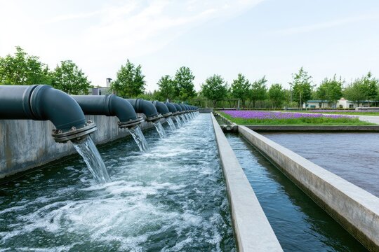 Industrial pipes discharge flowing water into concrete channels at a treatment facility