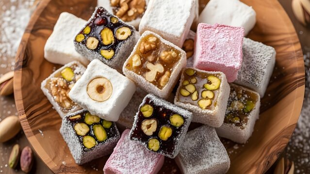 Turkish delight cubes topped with various nuts sit arranged in a wooden bowl for a sweet treat.