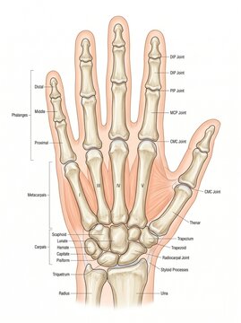 Detailed anatomical medical illustration of the human hand skeleton showing bones and joint structures