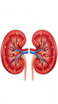Anatomical cross-section of a pair of human kidneys showing the renal system and blood vessels