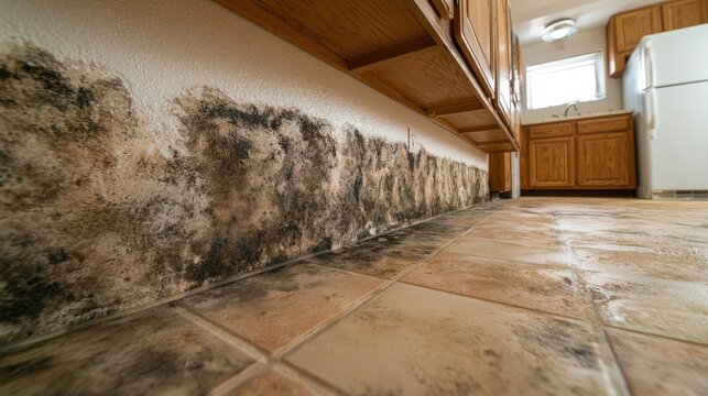 Black and gray mold growth along a kitchen wall and floor