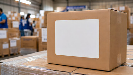 Relief Supply Package with Blank Label in Humanitarian Aid Warehouse