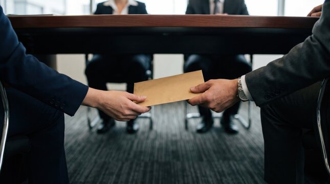 Secret Exchange: A clandestine transaction unfolds as hands exchange an envelope under the table, suggesting a covert deal or illicit exchange in a professional setting.