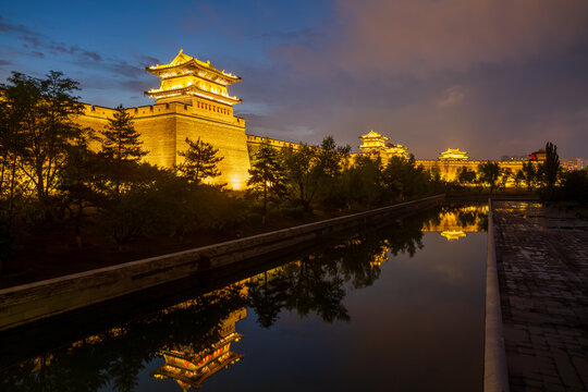 Night view of the city wall and moat in Datong Ancient City, China