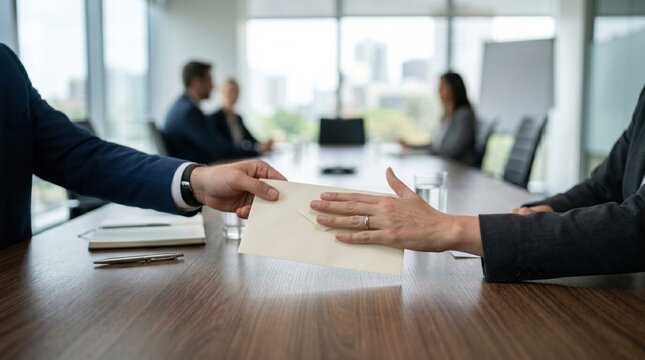 Business Deal in Progress: A close-up shot captures a hand passing an envelope to another across a polished boardroom table.