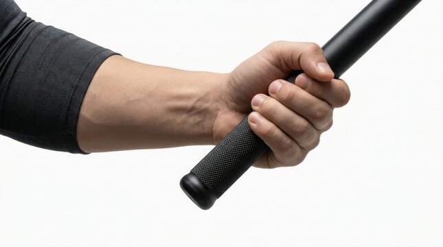 Closeup of a mans hand firmly gripping a black police baton against a white background.