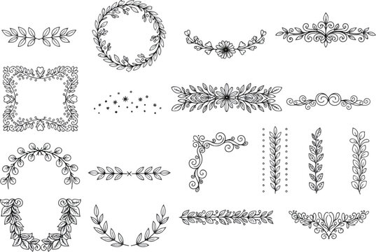 A collection of hand-drawn floral and botanical decorative elements for design.