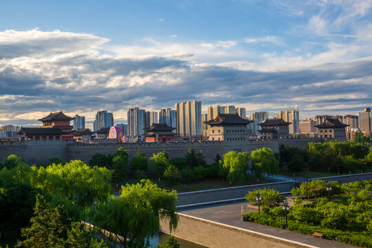 City wall gate tower ancient architecture sunrise scenery in Datong Ancient City, China