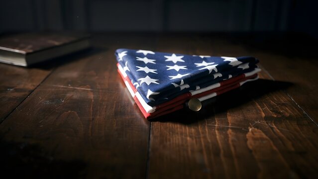 Solemn triangular flag still life with journal &ndash; Ideal for veteran retirement concepts, history study graphics, or quiet remembrance days.