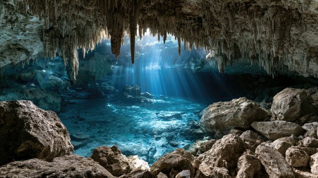 Sunbeams pierce a cavern ceiling, illuminating crystal clear underwater cave with stalactites