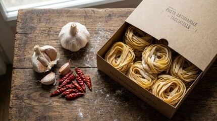Freshly made tagliatelle pasta in a box with garlic and chili peppers on a rustic wooden table. © AFFANYUDA