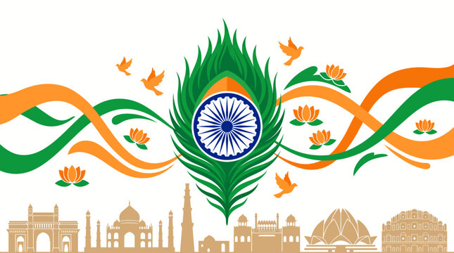 Patriotic Indian design featuring a central peacock feather, Ashoka Chakra, tricolor ribbons, and skyline silhouettes of iconic Indian monuments