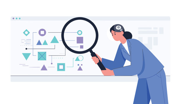 Professional female analyst examines digital interface with complex flowchart and geometric shapes using magnifying glass.