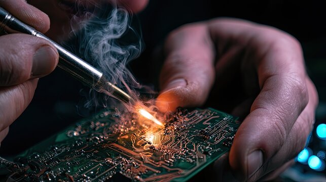 Close-up of hands soldering a green circuit board, emitting sparks and smoke