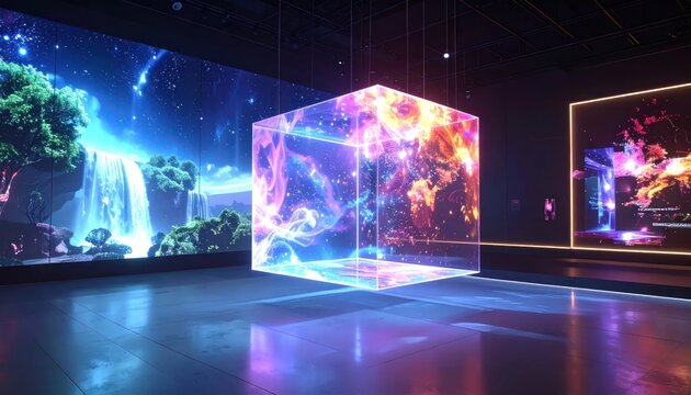 Glowing 3D light cube in a dark gallery space.