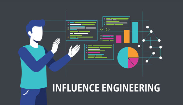 Software engineer programmer presents database interface and statistics logic explaining corporate influence engineering.
