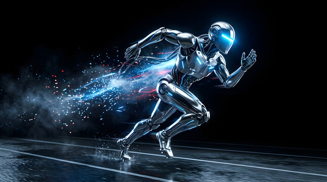 Futuristic metallic android running at high speed with glowing blue energy trails on a dark track representing advanced artificial intelligence performance