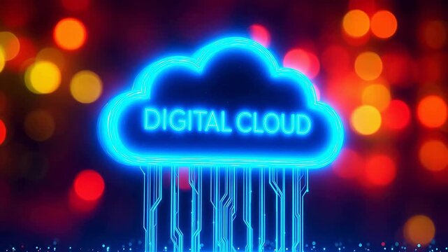 Digital cloud neon sign with bokeh background
