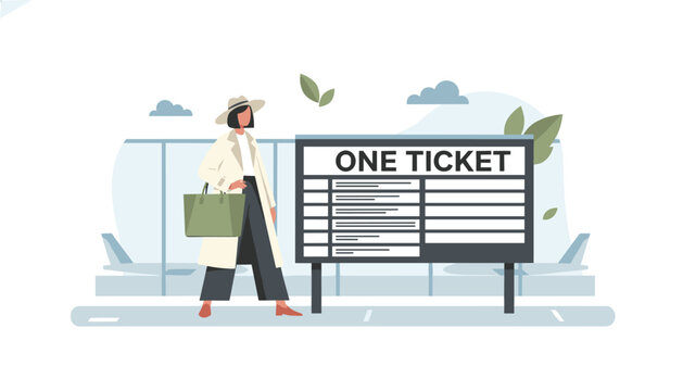 Fashionable woman traveler standing next to a large train schedule or flight board reading one ticket in a terminal.