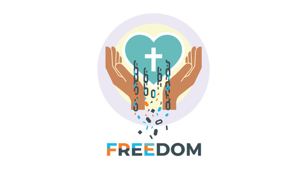 Christian spiritual freedom concept showing hands holding a heart with a cross as iron chains break and shatter.