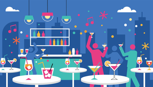 Colorful and vibrant nightclub scene showing silhouettes of people partying with tropical cocktails on tables.
