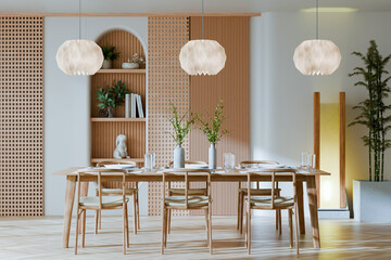 Plakat Modern Japandi style dining room interior design with wooden table chairs pendant lights and aesthetic home decor- 3D rendering