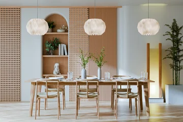 Fototapete Japandi Modern Japandi style dining room interior design with wooden table chairs pendant lights and aesthetic home decor- 3D rendering  © Vanitjan