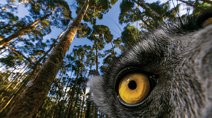Fototapeta premium The bright yellow irises of a forest lemur, with tall, majestic trees as a backdrop