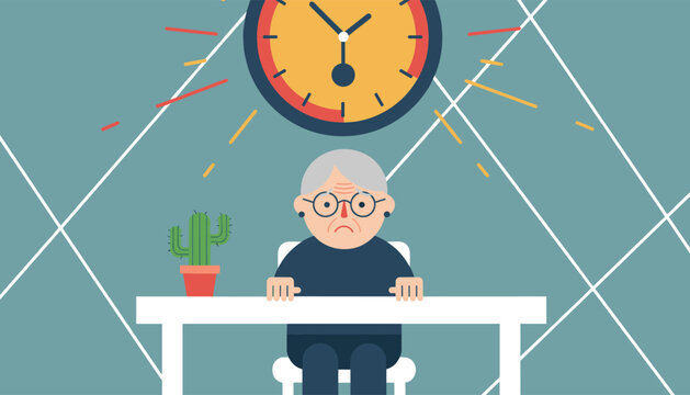 Stressed elderly woman sitting at a table with a giant clock ticking above her head representing passing time.