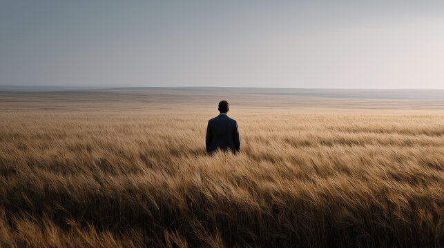 Solitude in the Vastness: A lone figure in a suit stands in the middle of a vast field of golden wheat, facing away from the viewer.