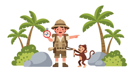 A young boy explorer in safari gear holds a compass and points while a playful monkey tugs at his belt in a tropical jungle setting. © Syifa