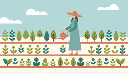 Fototapeta premium Woman in a wide-brimmed hat watering rows of green plants and growing crops in a beautiful garden field.
