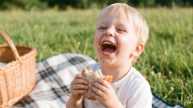 Grass picnic party child eating sandwich with big laugh on blanket for outdoor lifestyle healthy family recreation website promotion design