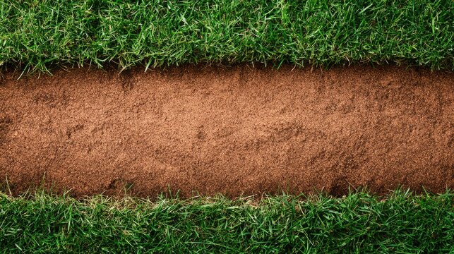 A close-up of a baseball field's dirt baseline bordered by lush green grass