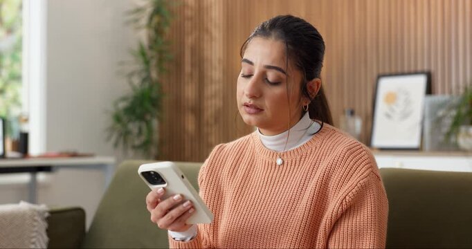 Phone, disappointed and sad with woman on sofa in home for bad news, failed application and connection risk. Online error, bid rejection and annoyed with person and mobile in living room of apartment