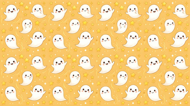 Cute kawaii ghosts and stars seamless pattern design