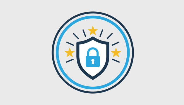 Security and safety badge icon featuring shield and lock with golden stars and radiating lines representing trusted protection.
