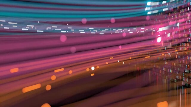 Futuristic abstract visualization of big data streams with flowing colorful data patterns, binary code elements, advanced analytics interfaces, machine learning systems, digital processing networks, a