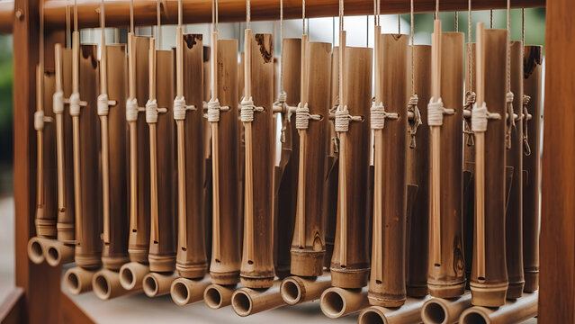 Indonesian Angklung Bamboo Musical Instruments Hanging Row Traditional Heritage Set