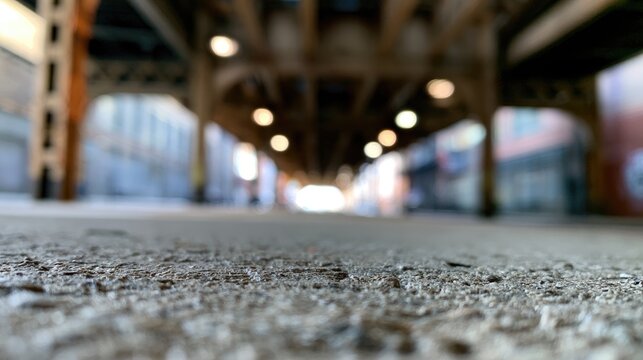Low-angle view of a weathered concrete surface beneath a raised urban structure