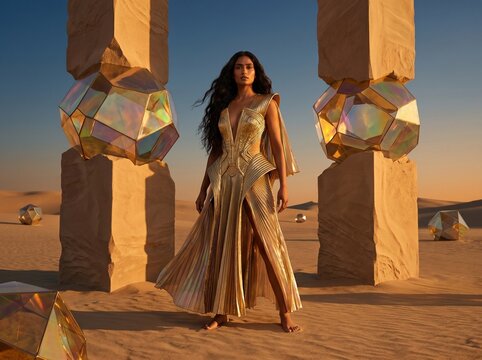 Woman in Gold Dress Among Desert Geometric Sculptures