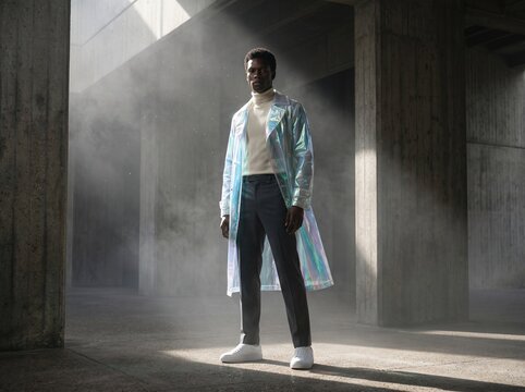 Man in Iridescent Coat Standing in Industrial Space