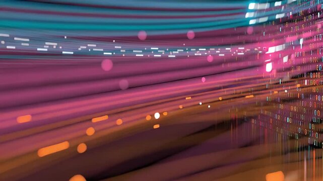Futuristic abstract visualization of big data streams with flowing colorful data patterns, binary code elements, advanced analytics interfaces, machine learning systems, digital processing networks, a